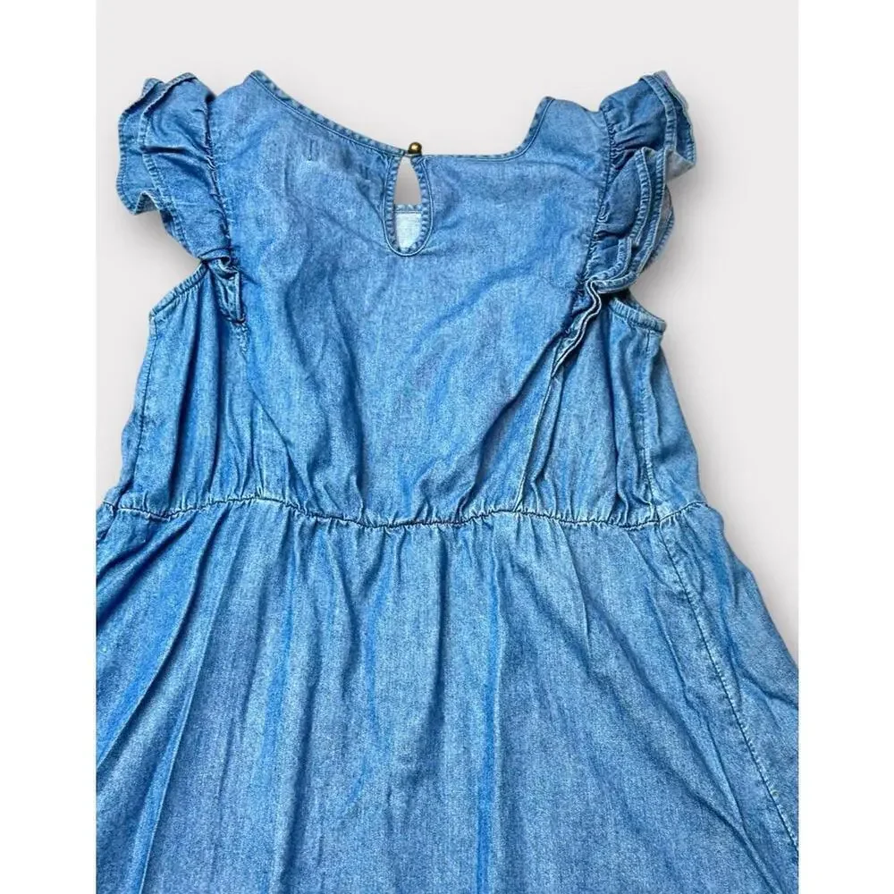 Old Navy Girls Chambray Dress Sleeveless Ruffle Med Wash Blue Knee Length Size M